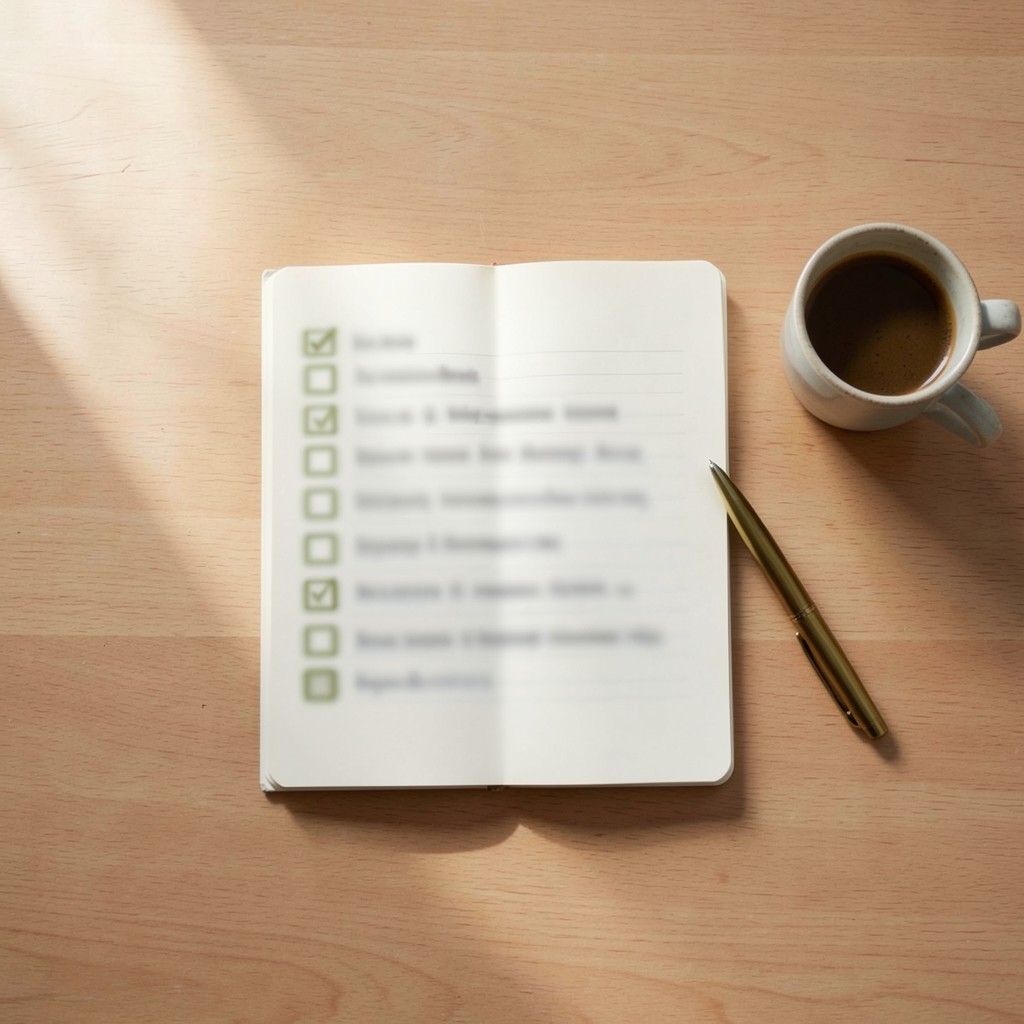 Notizbuch mit handgeschriebenem Aktionsplan neben Kaffee und Stift auf einem Schreibtisch